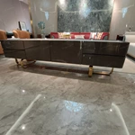 Luxury Deep Brown Textured TV Stand with Marble Top, Gold Metal Base and Orange Interior Drawers